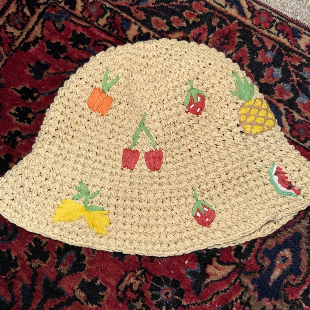 Fruit Embroidered Straw Bucket Hat Women's Summer Beach Sun Hat Tropical